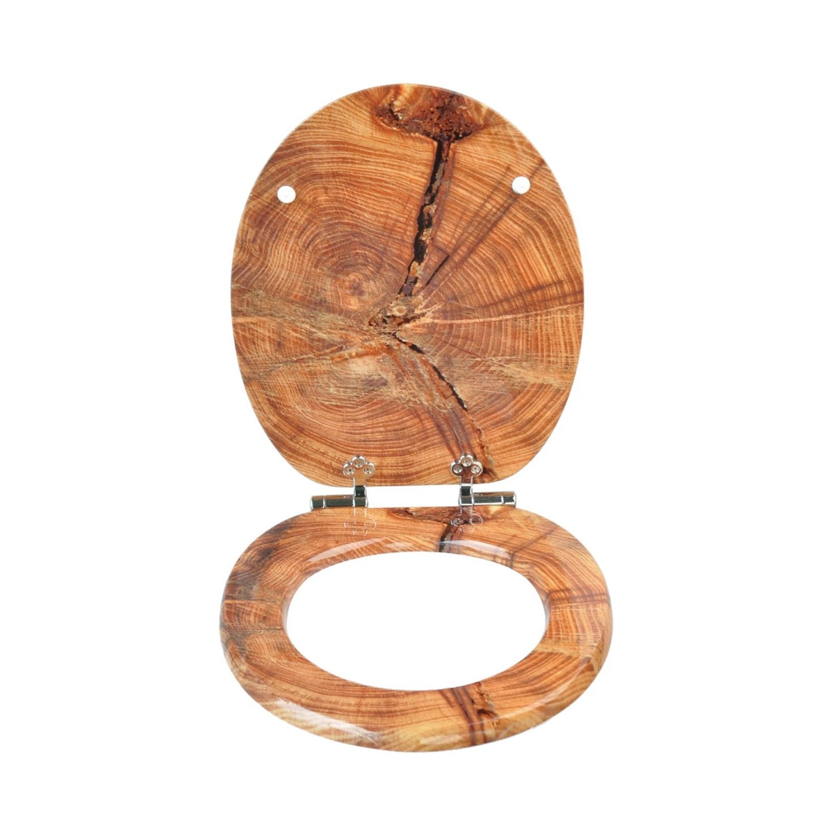 Soft-close toilet seat in antibacterial MDF, wood grain pattern, stainless steel fixings, easy removal