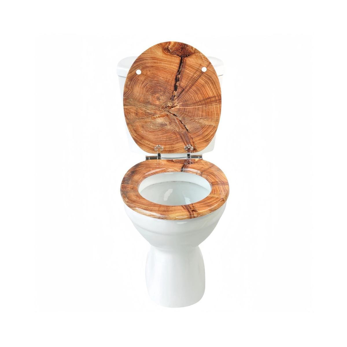 Soft-close toilet seat in antibacterial MDF, wood grain pattern, stainless steel fixings, easy removal