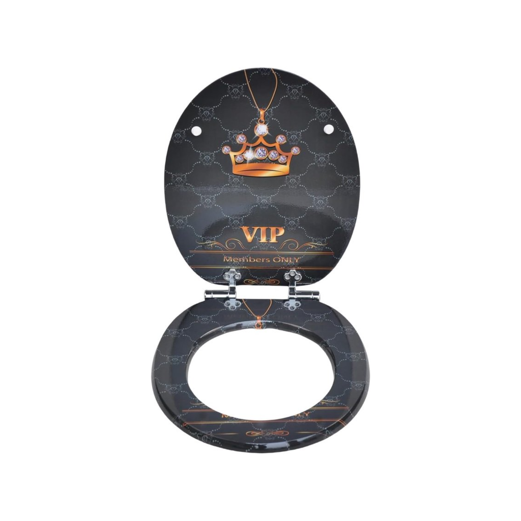 Antibacterial MDF toilet seat with soft close, VIP crown pattern, stainless steel fixings, easy removal