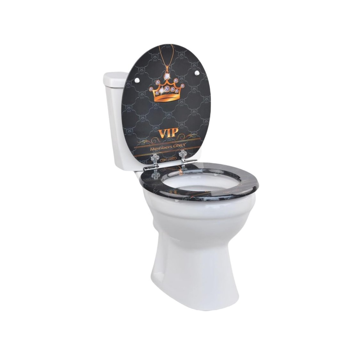 Antibacterial MDF toilet seat with soft close, VIP crown pattern, stainless steel fixings, easy removal