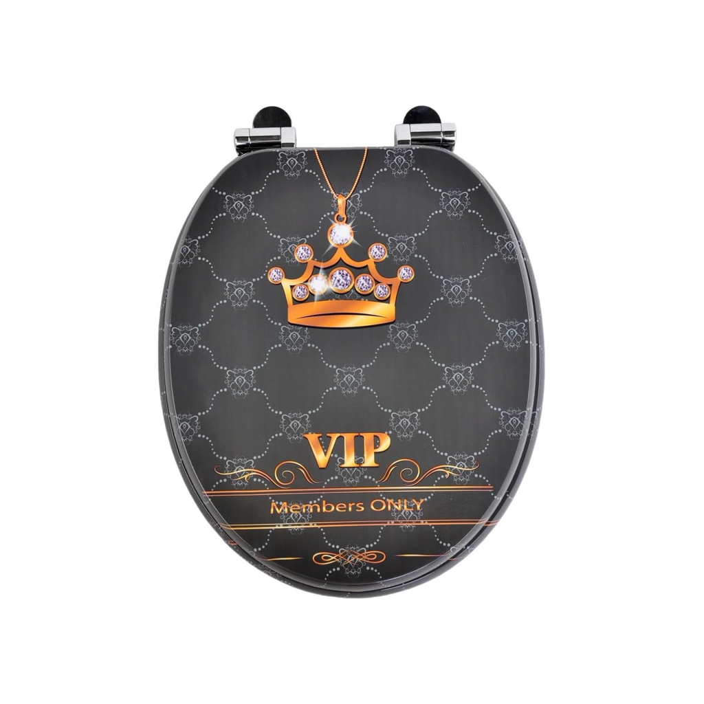 Antibacterial MDF toilet seat with soft close, VIP crown pattern, stainless steel fixings, easy removal