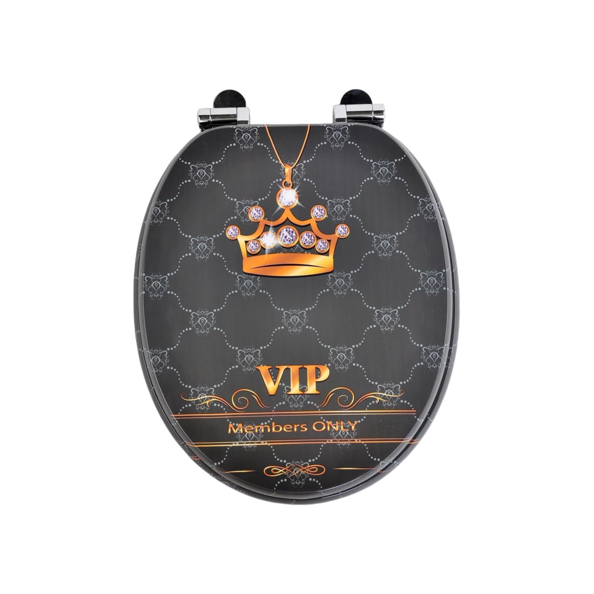 Antibacterial MDF toilet seat with soft close, VIP crown pattern, stainless steel fixings, easy removal