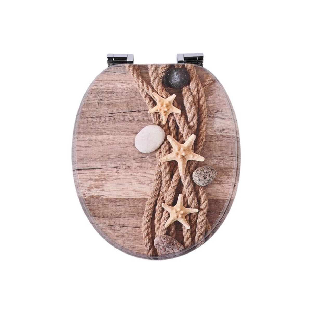 Antibacterial MDF soft-close toilet seat, starfish and rope coastal style, stainless steel fixings, easy to remove