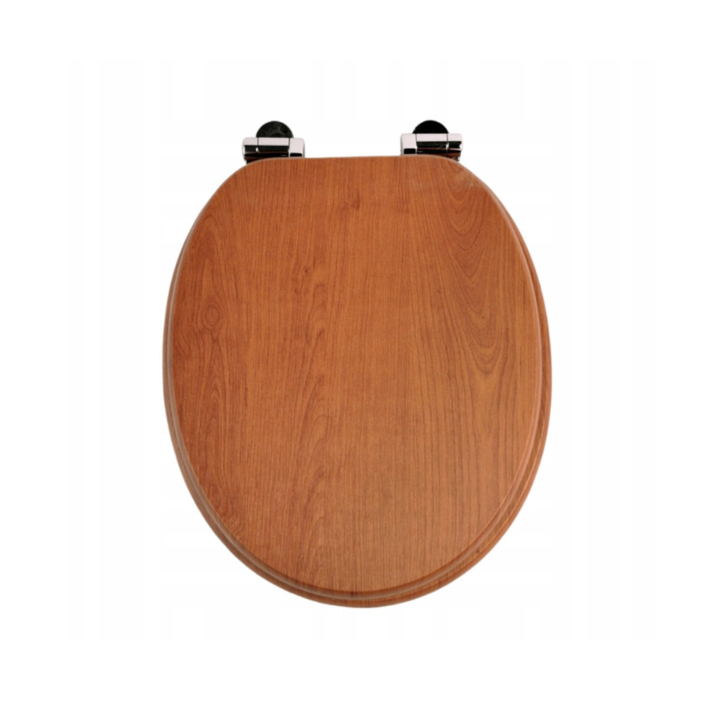 Antibacterial MDF soft-close toilet seat, warm oak, stainless steel fixings, easy to remove