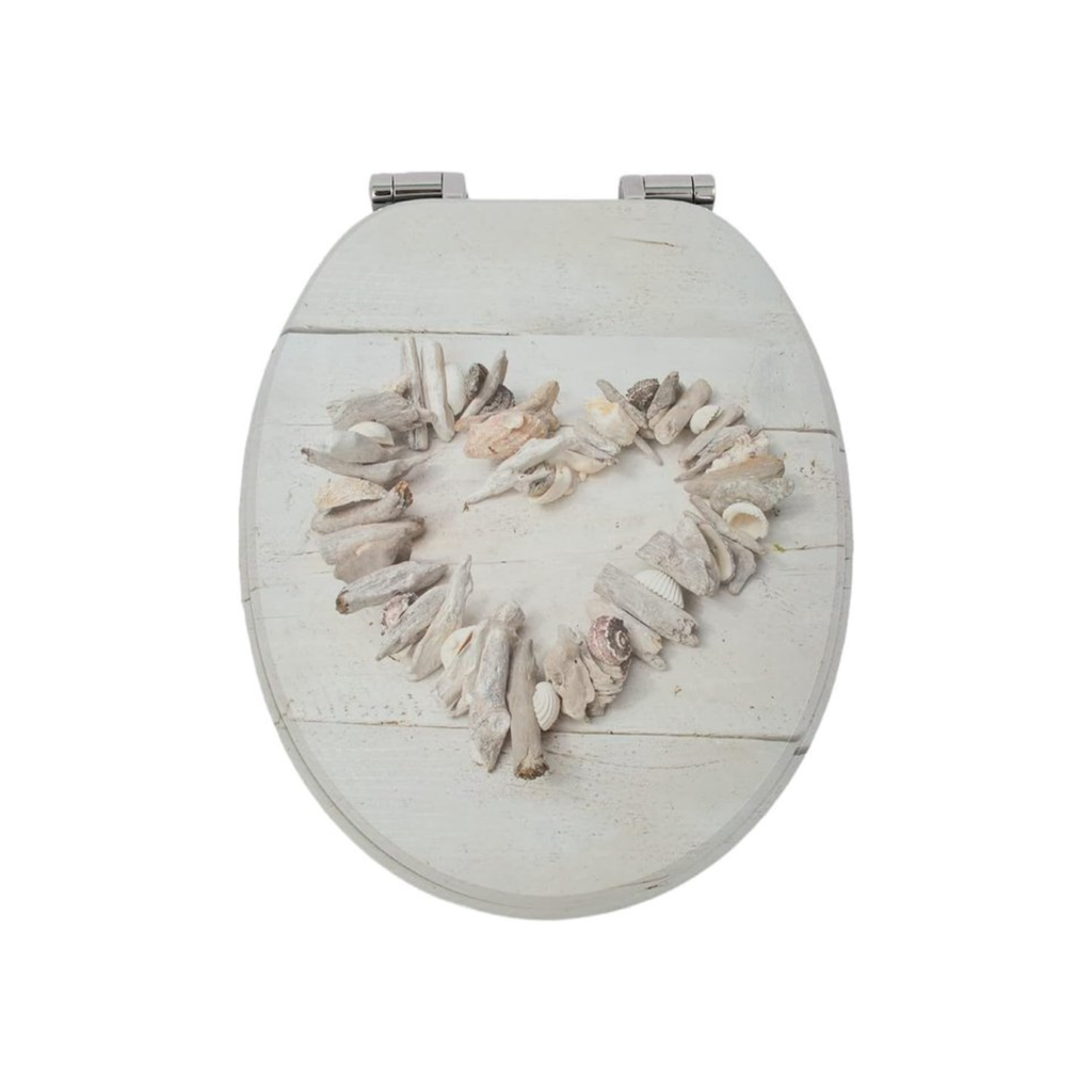 Soft-close toilet seat in antibacterial MDF, heart shell pattern, stainless steel fixings, easy removal