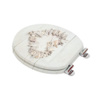 Soft-close toilet seat in antibacterial MDF, heart shell pattern, stainless steel fixings, easy removal