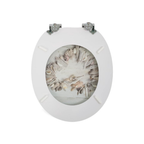 Soft-close toilet seat in antibacterial MDF, heart shell pattern, stainless steel fixings, easy removal