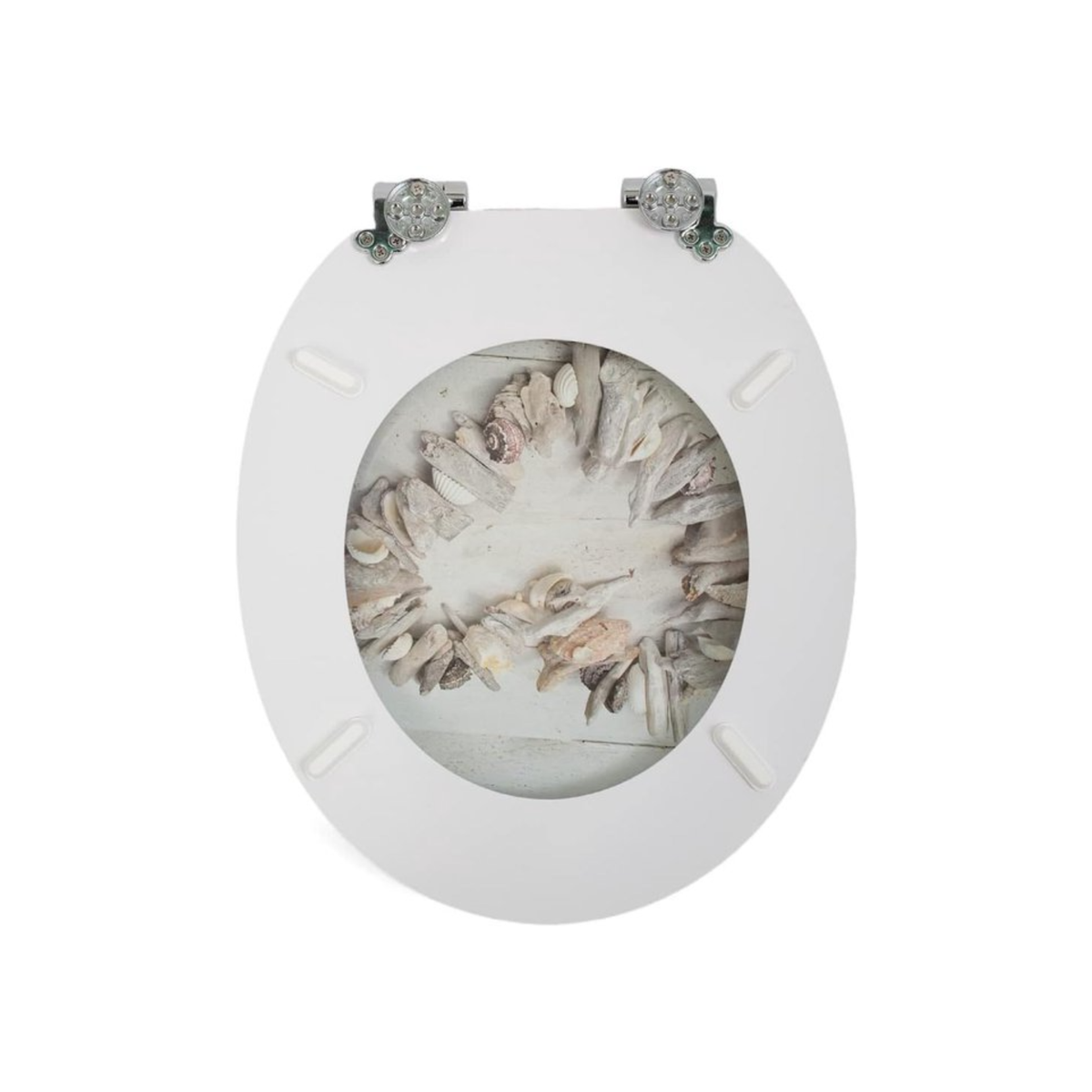 Soft-close toilet seat in antibacterial MDF, heart shell pattern, stainless steel fixings, easy removal