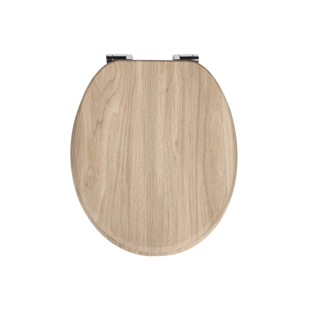 Antibacterial MDF soft-close toilet seat, light wood Wabi style, stainless steel fixings, easy removal