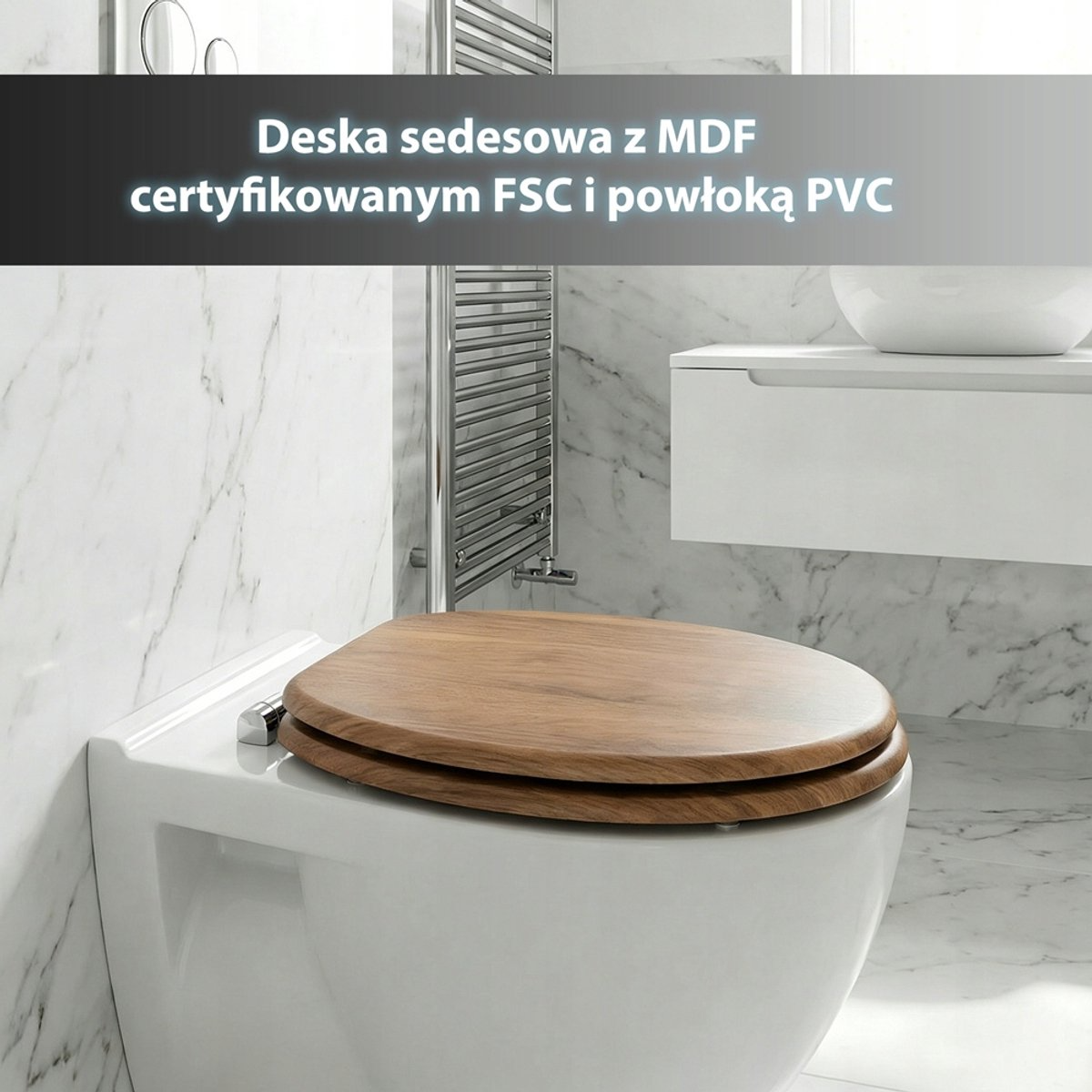 Antibacterial MDF toilet seat with soft close, forest wood design, stainless steel fixings, easy to remove