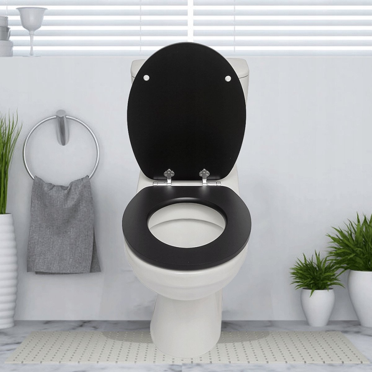 Zwarte softclose wc-bril van antibacterieel MDF, matzwart, roestvrijstalen bevestiging, eenvoudig te verwijderen