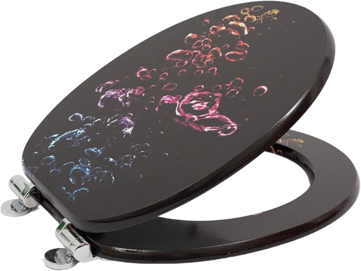 Antibacterial MDF soft-close toilet seat, colorful bubble design, stainless steel fixings, easy to remove