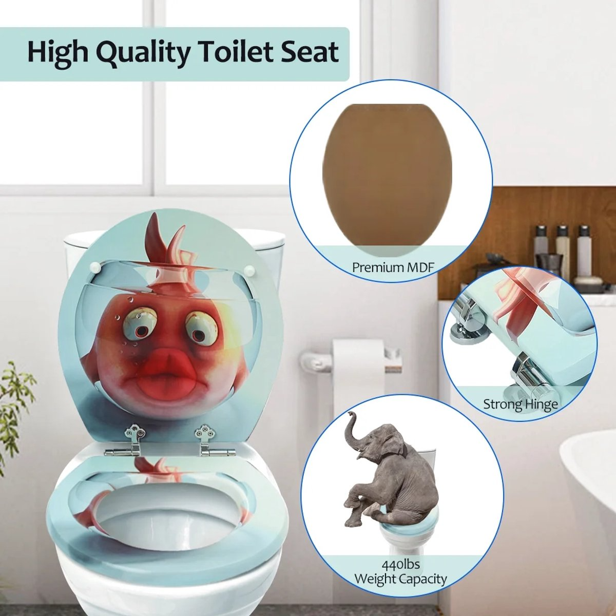 Antibacterial MDF toilet seat with soft-close, goldfish design, stainless steel hinges, easy to remove