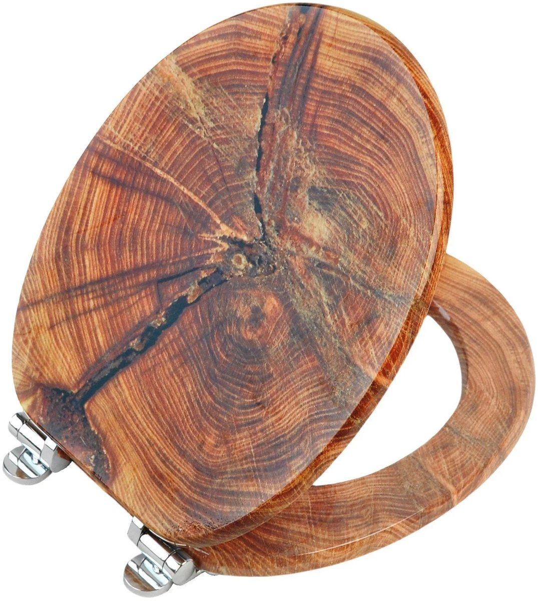 Soft-close toilet seat in antibacterial MDF, wood grain pattern, stainless steel fixings, easy removal