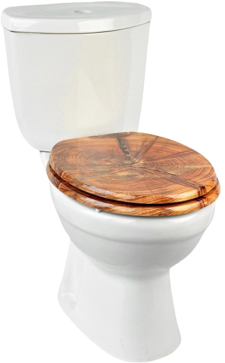 Soft-close toilet seat in antibacterial MDF, wood grain pattern, stainless steel fixings, easy removal