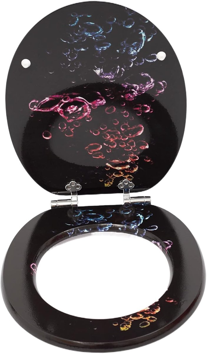 Antibacterial MDF soft-close toilet seat, colorful bubble design, stainless steel fixings, easy to remove