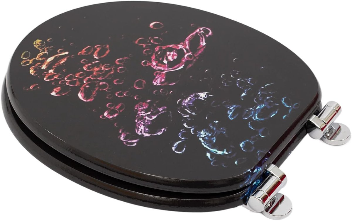 Antibacterial MDF soft-close toilet seat, colorful bubble design, stainless steel fixings, easy to remove