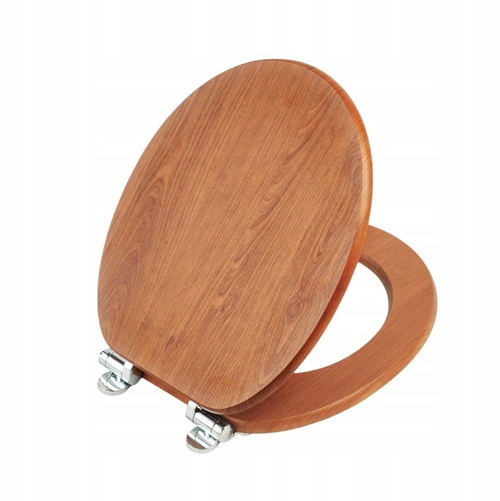 Antibacterial MDF soft-close toilet seat, warm oak, stainless steel fixings, easy to remove