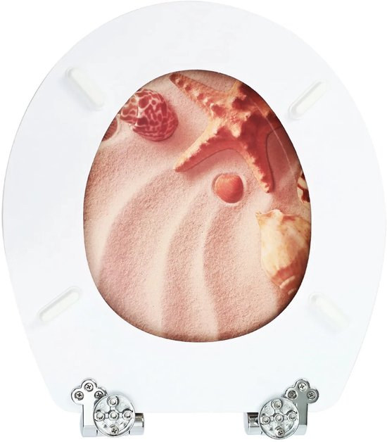 Soft-close toilet seat in antibacterial MDF, beach and starfish design, stainless steel fittings, easy removal