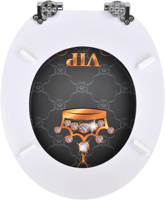 Antibacterial MDF toilet seat with soft close, VIP crown pattern, stainless steel fixings, easy removal