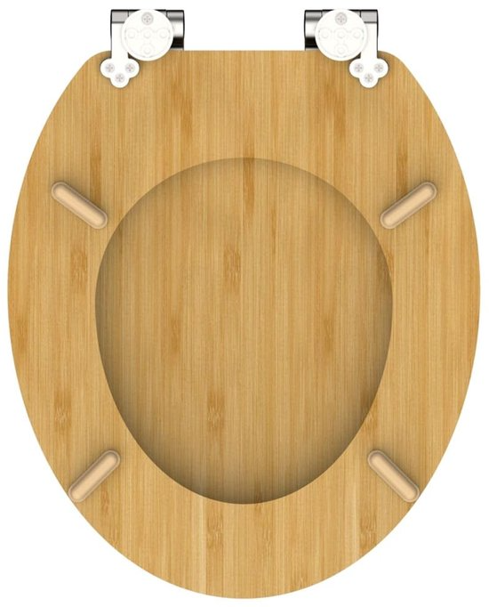 Antibacterial MDF soft-close toilet seat, bamboo design, stainless steel ﬁxing, easy to remove