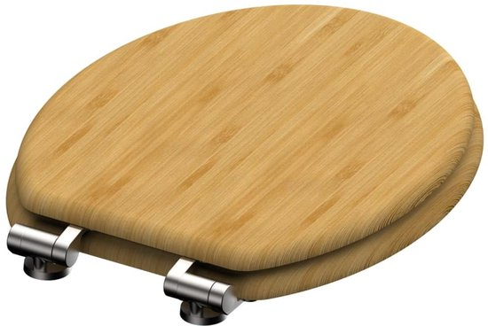 Antibacterial MDF soft-close toilet seat, bamboo design, stainless steel ﬁxing, easy to remove