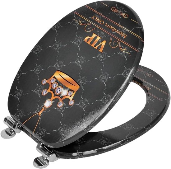 Antibacterial MDF toilet seat with soft close, VIP crown pattern, stainless steel fixings, easy removal