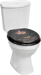 Antibacterial MDF toilet seat with soft close, VIP crown pattern, stainless steel fixings, easy removal