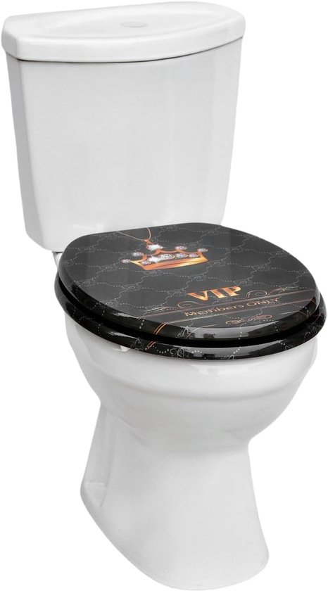 Antibacterial MDF toilet seat with soft close, VIP crown pattern, stainless steel fixings, easy removal