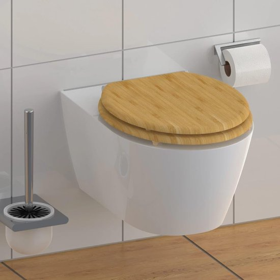 Antibacterial MDF soft-close toilet seat, bamboo design, stainless steel ﬁxing, easy to remove