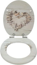 Soft-close toilet seat in antibacterial MDF, heart shell pattern, stainless steel fixings, easy removal
