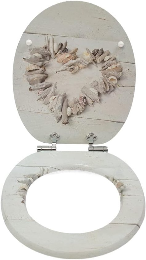 Soft-close toilet seat in antibacterial MDF, heart shell pattern, stainless steel fixings, easy removal
